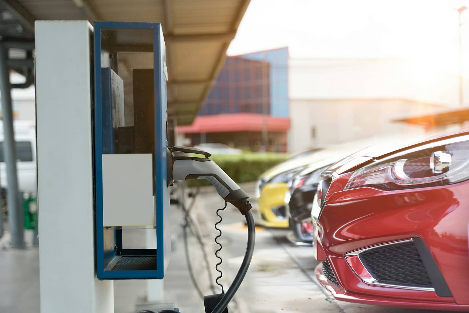 Electric car on electric car charging station. Power supply for electric car charging. Clean energy